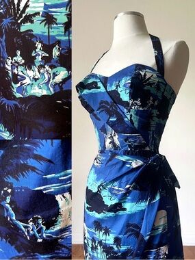 Rare Vtg 1950s Alfred Shaheen blue Hawaii island scene sweetheart wrap dress XS